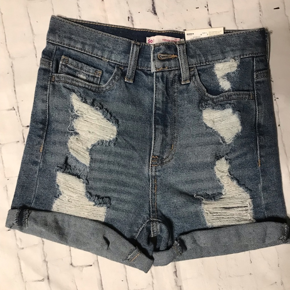 SO juniors Mom Short high rise 0 vintage stretch blue distressed jean shorts